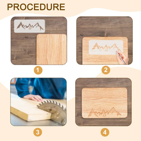 Step-by-step process using Super Slick Mountain Range Router Template Hella Thick Clear Acrylic Charcuterie Stencil for cutting board design.