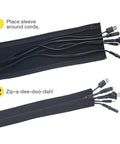 Zippered Cable Sleeve 24x4 Inches, 4-Pack Black organizing multiple cords with a simple zip design for desks and entertainment setups.