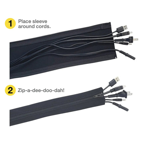 Zippered Cable Sleeve 24x4 Inches, 4-Pack Black organizing multiple cords with a simple zip design for desks and entertainment setups.