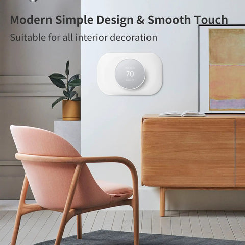 Nest Thermostat Wall Plate Cover Kit for 2020 Model in room setup, snow finish trim plate on wall hiding thermostat holes.