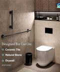 Bathroom with Latitude II 18 Inch Matte Black Grab Bar For Shower And Bath installed, emphasizing rust resistance and stability on tile.