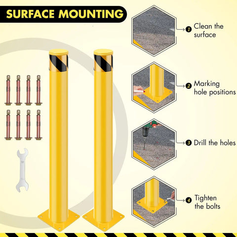Surface mounting process for Hella Sturdy Removable Steel Bollards Surface Mounted Parking Barrier 2 Pack Yellow Traffic Posts.
