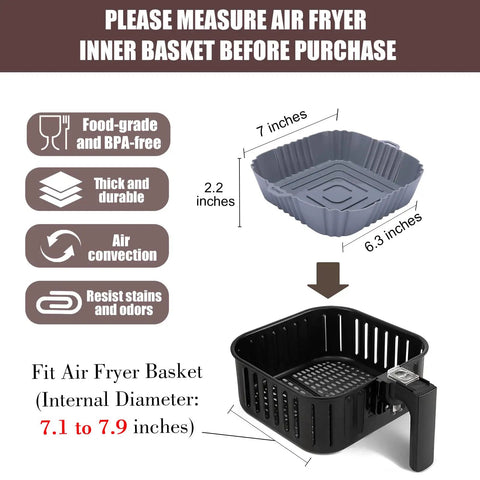 Square 7 Inch Silicone Liners For Air Fryer 2 Pack Nonstick Food Grade diagram with measurements and fit instructions