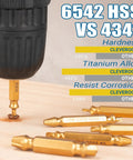 Close-up of drill using 10 Piece Damaged Screw Extractor Set With 6 HSS 6542 Extractors And 4 Twist Drill Bits, titanium gold plated.