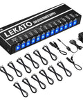 Guitar Pedal Power Supply With 12 Port Isolated Outputs for Effects, DC 9V 12V 18V, 100mA to 500mA per port, with cables view.