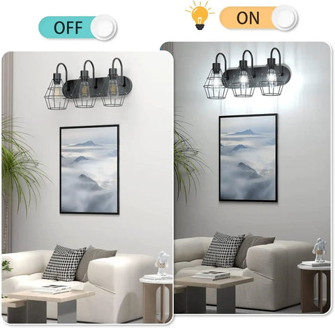Retro Industrial Bathroom Vanity Light With Cage Shades 3 Light Matte Black Wall Sconce Farmhouse Vibe E26 Base Fixture On and Off