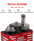 Beefy 55Kgcm Brushless Waterproof IP68 RC Servo with visible steel helical gears and angle options 180-270-360 degrees.