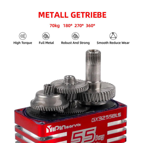 Beefy 55Kgcm Brushless Waterproof IP68 RC Servo with visible steel helical gears and angle options 180-270-360 degrees.