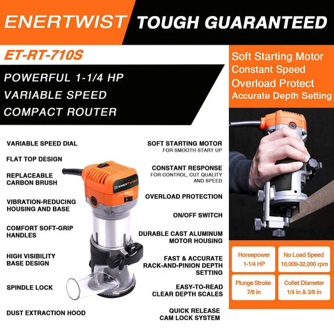 Compact Router Tool With 7.0 Amp Motor Soft Start And Variable Speed From 10,000 To 32,000 RPM For Woodworking Includes Fixed Base 1/4 And 3/8 Collets Edge Guide Roller Guide Dust Hood And Replacement Brush Set