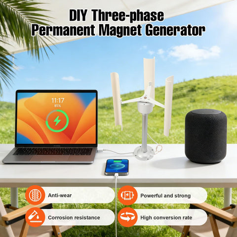 Three Blade Wind Turbine Generator With Controller 12V 30W For Boats, Cabins, Homes And Industrial Use displayed on a table