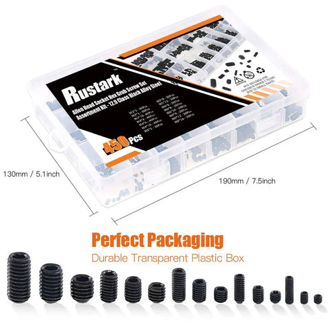 450 Piece Allen Head Socket Hex Grub Screw Set For M3 To M8 Sizes With Internal Hex Drive In Black Alloy Steel 12 9 Class Durable Hardware Kit For Mechanical Automotive And DIY Projects