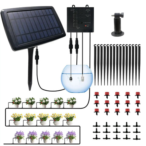 Solar Powered Drip Irrigation Kit With 12 Auto Timer Modes For Hands Free Plant Care Self Watering System components displayed