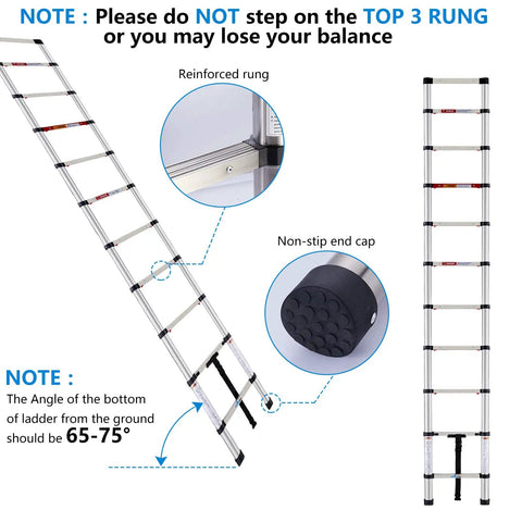 10.5 Foot Telescoping Ladder With Stainless Steel Build, One Button Retraction, Anti Pinch Extension, Easy Locking Mechanism