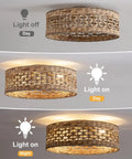 XINGSIYUELYX Boho Rattan Caged Fandelier Ceiling Fans with Lights shown in three lighting settings, displaying its woven design.