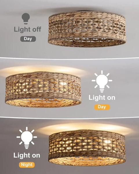 XINGSIYUELYX Boho Rattan Caged Fandelier Ceiling Fans with Lights shown in three lighting settings, displaying its woven design.
