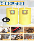 Heavy Duty Disposable Wet And Dry Vacuum Bags 16 Pack Universal Fit 5 To 8 Gallon Portable Vacs Type E And H showing two yellow bags for dust collection.