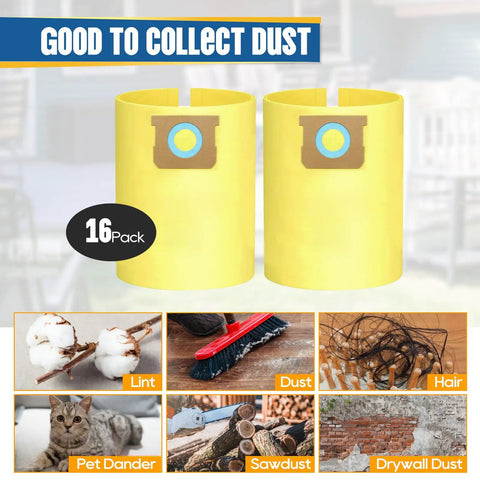 Heavy Duty Disposable Wet And Dry Vacuum Bags 16 Pack Universal Fit 5 To 8 Gallon Portable Vacs Type E And H showing two yellow bags for dust collection.