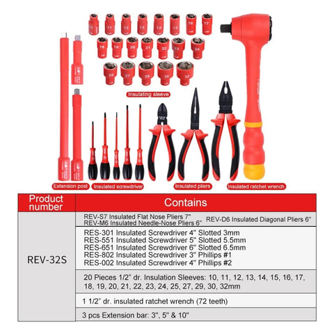 32-Piece 1000V Insulated Socket Kit With One Half Inch Ratchet Wrench And Sleeve Hex Head Maintenance Tools Pliers Screwdriver
