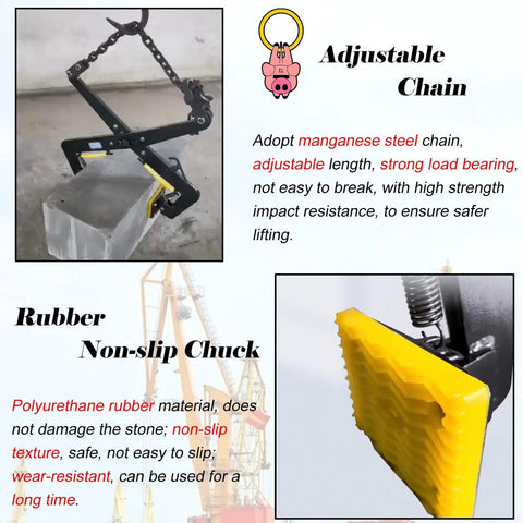 Badass Heavy Duty Granite Slab Lifting Clamp With Adjustable Chain Stone Hoist and Two Grippy Rubber Jaws lifting granite block.