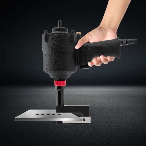 Hand using 8mm Pneumatic Hole Puncher for Metal Sheets Heavy Duty Air Hole Punch Tool with 360 Degree Rotating Design, punching metal plate.