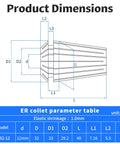 Diagram of 12mm ER32 Spring Collet Chuck For CNC Milling And Lathe Machines with dimensions and 1mm elastic shrinkage details.