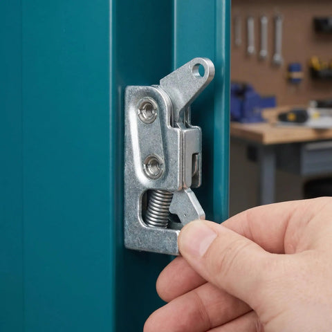 Space Saving Flush Design Heavy Duty RV Cabinet Door Latch With Galvanized Steel Push To Close on teal cabinet