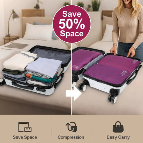 Four Pack Compression Packing Cubes For Travel Lightweight Expandable Luggage Organizers Space Saver For Carry On Suitcases Keep Your Threads Neat And Wrinkle Free Black showing before and after compression in suitcase with Save 50% Space text and person placing cubes inside