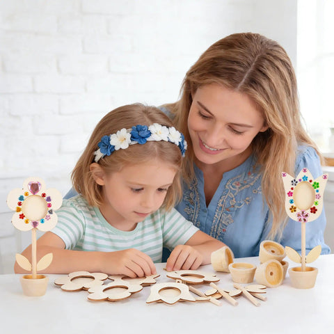 Child and woman crafting with DIY Paintable Wooden Flower Photo Holders And Picture Frames Craft Kit, featuring flower frames and stickers