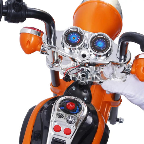 6V Battery Powered Electric Chopper Style Motorcycle Ride On Trike Toy For Kids Ages 3 To 6 Orange With Realistic Design Easy Pedal Drive Safe Beginner Friendly Features, close-up dashboard