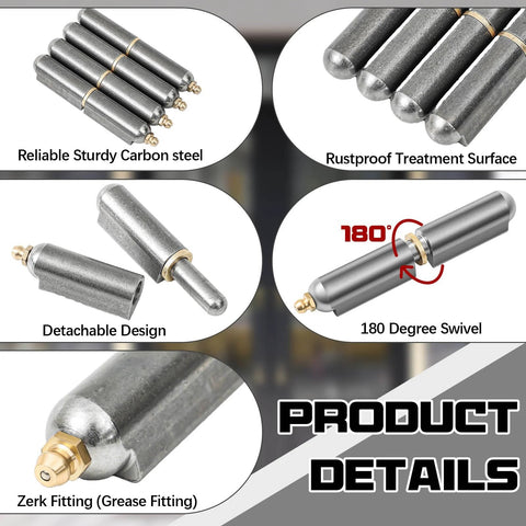 5 pcs 3-inch weld-on bullet hinges with grease fittings, carbon steel; rustproof finish, 180-degree swivel.