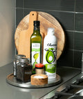 Slick Brushed Stainless Steel Lazy Susan Turntable Is A Game Changer For Pantry And Fridge Storage with oils and spices.