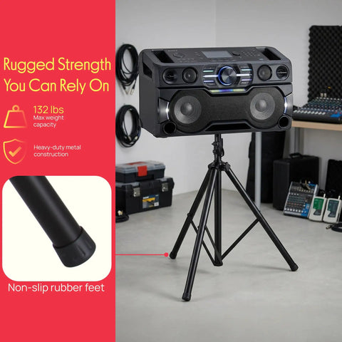 Universal Speaker Stand Tripod with heavy duty build, adjustable height 40-71 inches, 35mm insert, supporting speaker in studio.