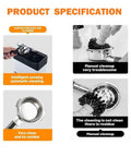 Slick Electric Portafilter Cleaner And Espresso Knock Box Crafted From Stainless Steel For 51Mm Or 58Mm Baskets Rotating At Three Hundred Rpm Delivers Hella Quick Grounds Dumping And Zero Hassle Cleanup For Daily Brew Pros In Matte Black showing product specifications and features.