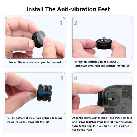 Rock Solid 3D Printer Anti Vibration Feet Pads installation steps showing adhesive backing, screws, and washers for Bambu Lab H2D.