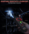 Hand using Three In One Multimeter And Cable Tracer Kit with Auto Ranging Digital Multimeter True RMS 4000 Counts in dark server room