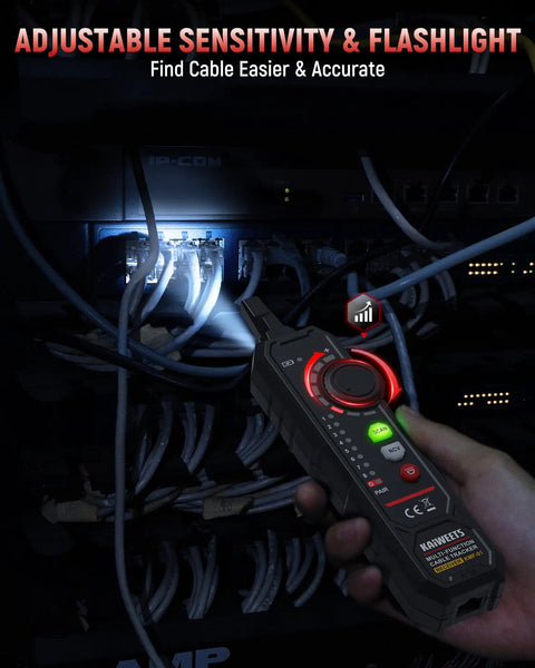 Hand using Three In One Multimeter And Cable Tracer Kit with Auto Ranging Digital Multimeter True RMS 4000 Counts in dark server room