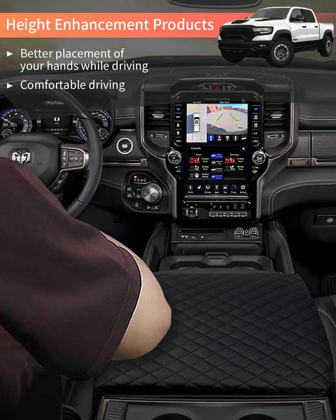 Driver using Ram 1500 Center Console Cover 2019 To 2026 Anti Scratch PU Leather Armrest Pad Cushion in interior view