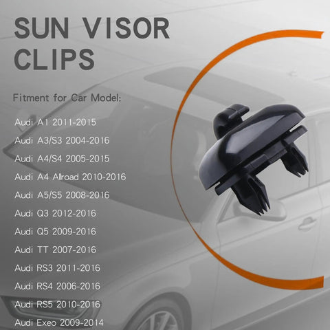 2 Pack Upgraded Inner Sun Visor Clips For Audi Durable Visor Holder Hooks on car background with fitment details