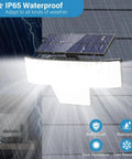 Outdoor Solar Flood Lights 2 Pack With 448 LED 3500 Lumens IP65 Waterproof Wall Mount shown in rain highlighting durability