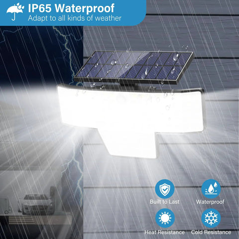 Outdoor Solar Flood Lights 2 Pack With 448 LED 3500 Lumens IP65 Waterproof Wall Mount shown in rain highlighting durability
