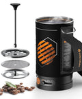 Hot Travel Coffee Maker With Built In French Press Design. Portable Electric Kettle for Camping Adventures with components and coffee beans.