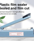 Heavy Duty Manual Impulse Heat Sealer Eight Inch Sealing Bar For PE PP Plastic Bags Plug And Play Ease Adjusts Temps No Sweat Shipping Tasks Built Like A Tank Handles Daily Hustle Smoothly Without Warm Up Time Needed, blue plastic film sealer with open top in modern kitchen setting.