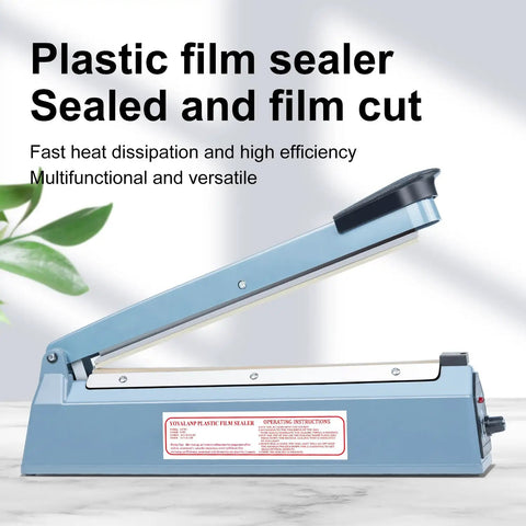 Heavy Duty Manual Impulse Heat Sealer Eight Inch Sealing Bar For PE PP Plastic Bags Plug And Play Ease Adjusts Temps No Sweat Shipping Tasks Built Like A Tank Handles Daily Hustle Smoothly Without Warm Up Time Needed, blue plastic film sealer with open top in modern kitchen setting.