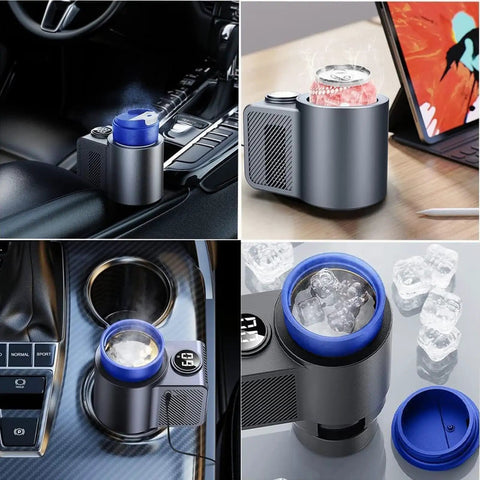 Portable Car Cup Warmer Cooler Duo That Really Hits Different Quick Heating And Cooling For That Everyday Sip Vibe with ice and steam in car cup holder.