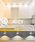 Recessed 3 Inch Gimbal LED Downlight Kit With Junction Box, 360 Degree Adjustable, showing 3 CCT options in kitchen setting.