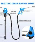 Electric Drum Pump with 3/4 inch stainless steel spout, flexible hose, and telescopic suction tube for 55 gallon drums.