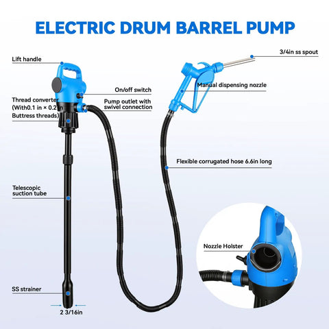 Electric Drum Pump with 3/4 inch stainless steel spout, flexible hose, and telescopic suction tube for 55 gallon drums.