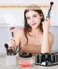 Woman using Electric Makeup Brush Cleaner And Dryer Machine For Quick Clean And Dry Makeup Brushes Automatic Cosmetic Brush Spinner Washer