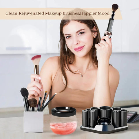 Woman using Electric Makeup Brush Cleaner And Dryer Machine For Quick Clean And Dry Makeup Brushes Automatic Cosmetic Brush Spinner Washer