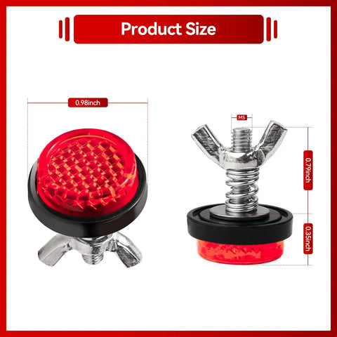 All Purpose License Plate Bolt Kit For Motorcycles And More, 8 Pcs M5 Screws With Red Reflectors, close-up showing size measurements